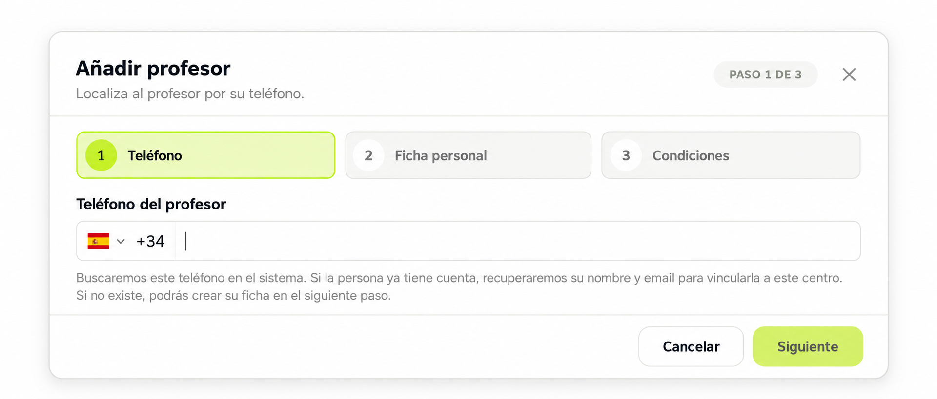 Formulario Añadir profesor con los pasos Teléfono, Ficha personal y Condiciones