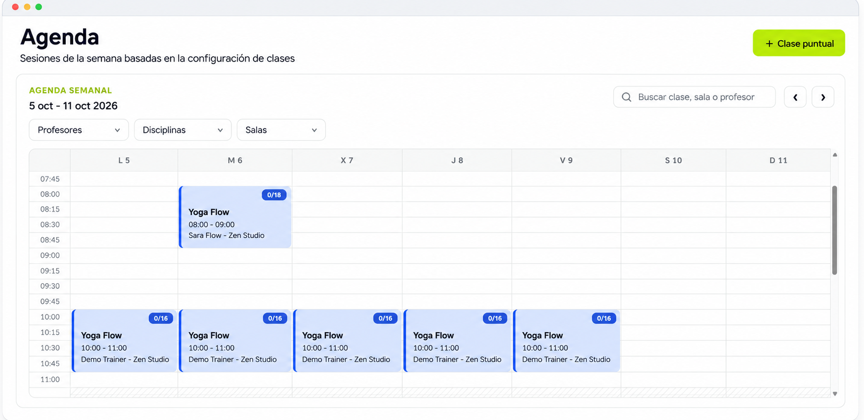 Agenda semanal de clases Yoga Flow con filtros por profesor, disciplina y sala