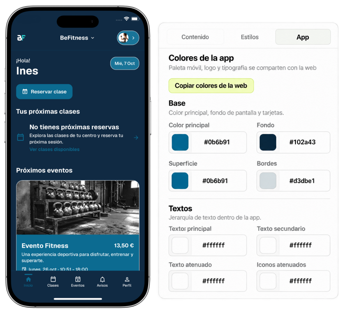 App móvil junto al panel de personalización de colores y la opción de copiar colores de la web