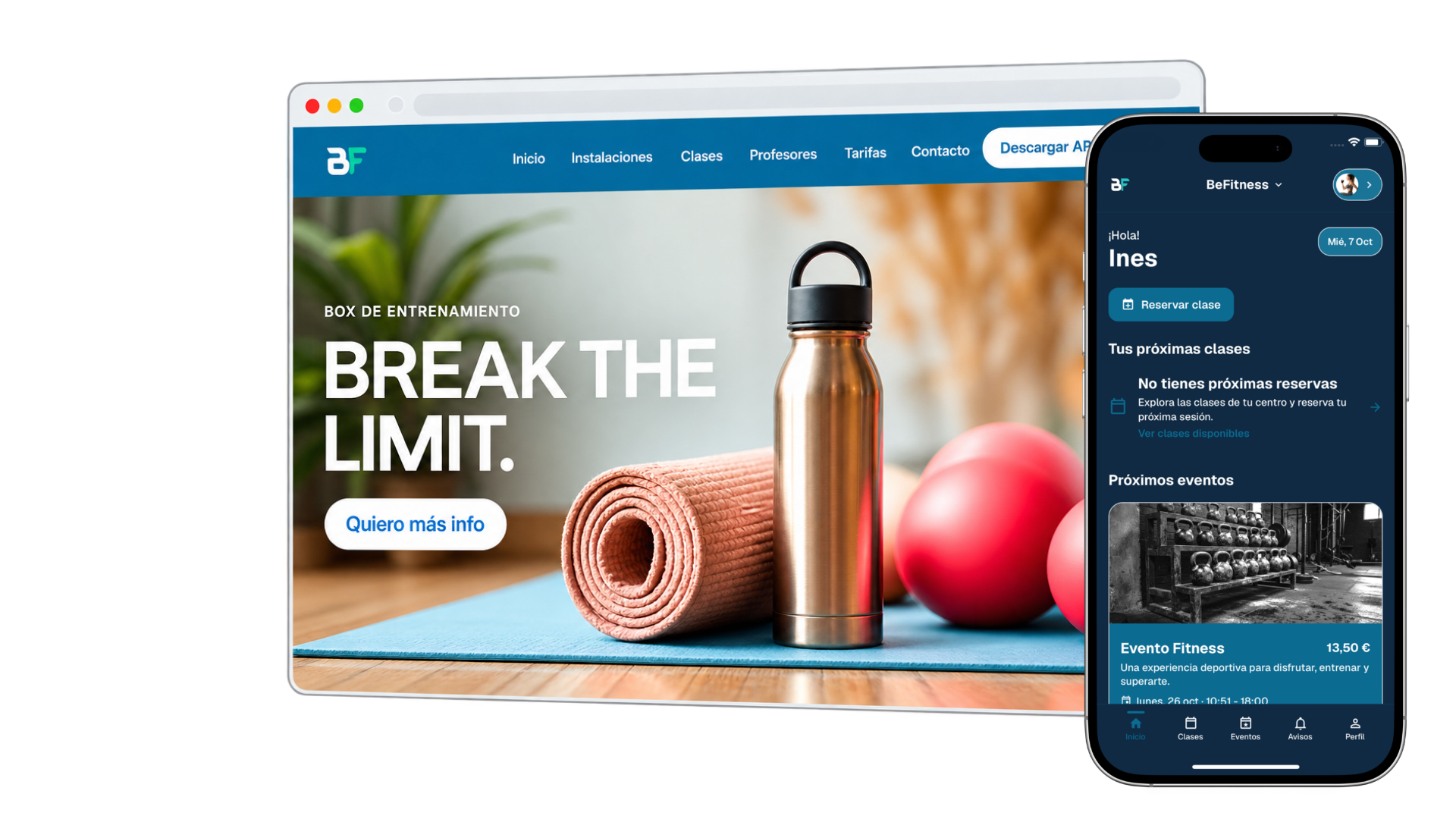 Web personalizada de un centro con la app móvil BeFitness superpuesta a la derecha