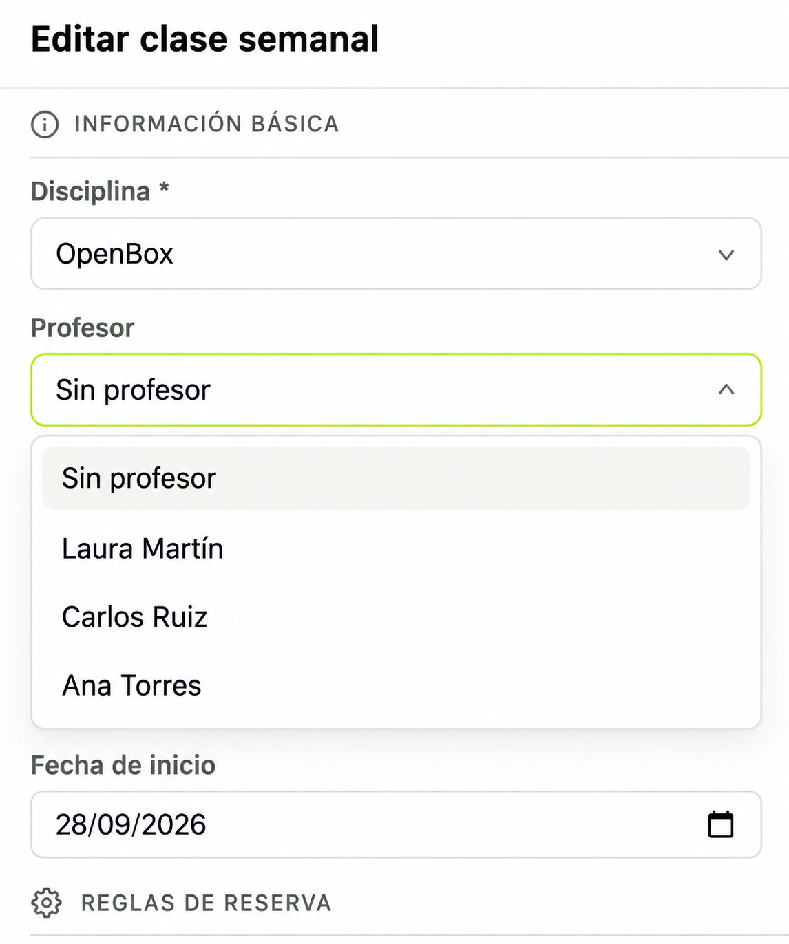 Editar clase semanal con el selector Profesor desplegado