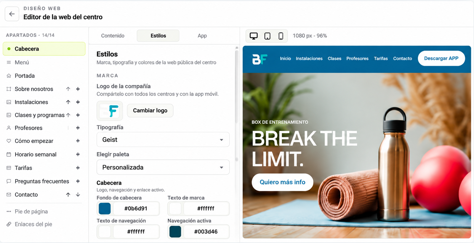 Editor web con apartados, controles de estilo y vista previa del sitio en distintos dispositivos