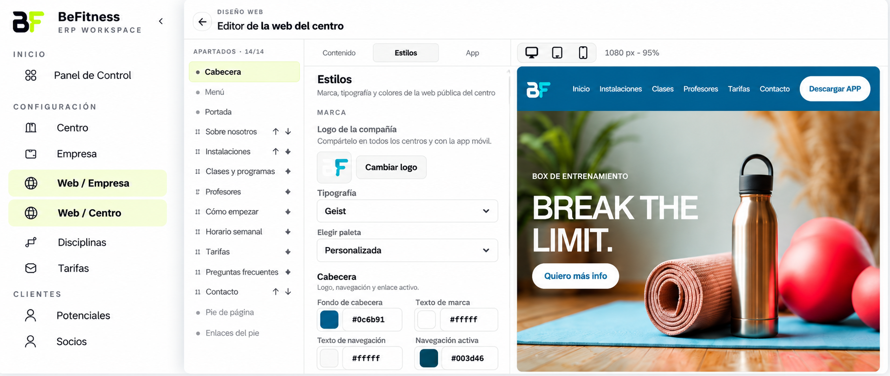 Panel de BeFitness con los accesos Web / Empresa y Web / Centro junto al editor web