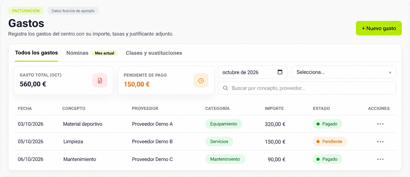 Listado de gastos de ejemplo con fecha, proveedor, categorÃ­a, importe y estado; datos ficticios