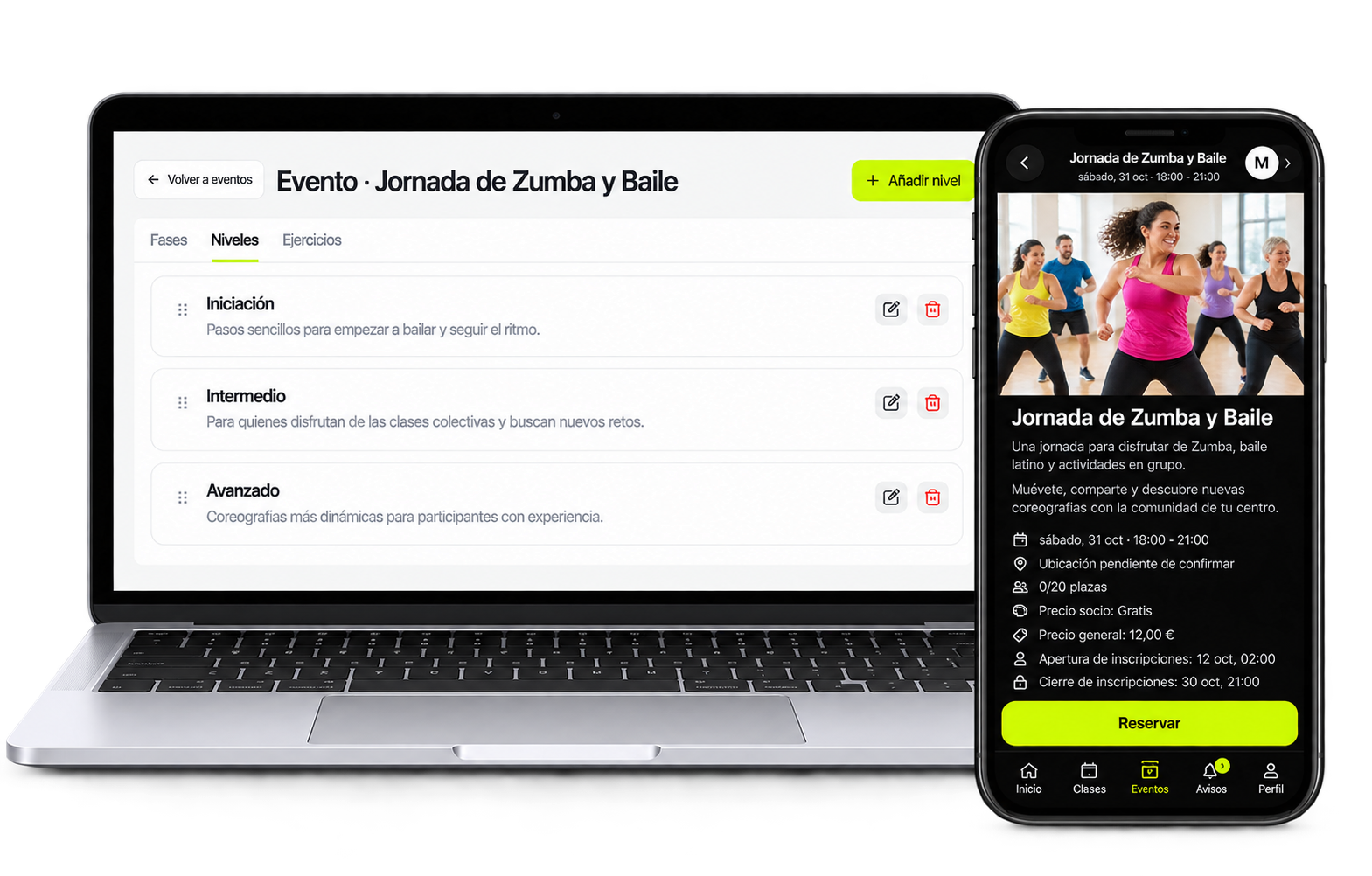 Portátil con la configuración de la Jornada de Zumba y Baile y móvil con los detalles del evento para los alumnos