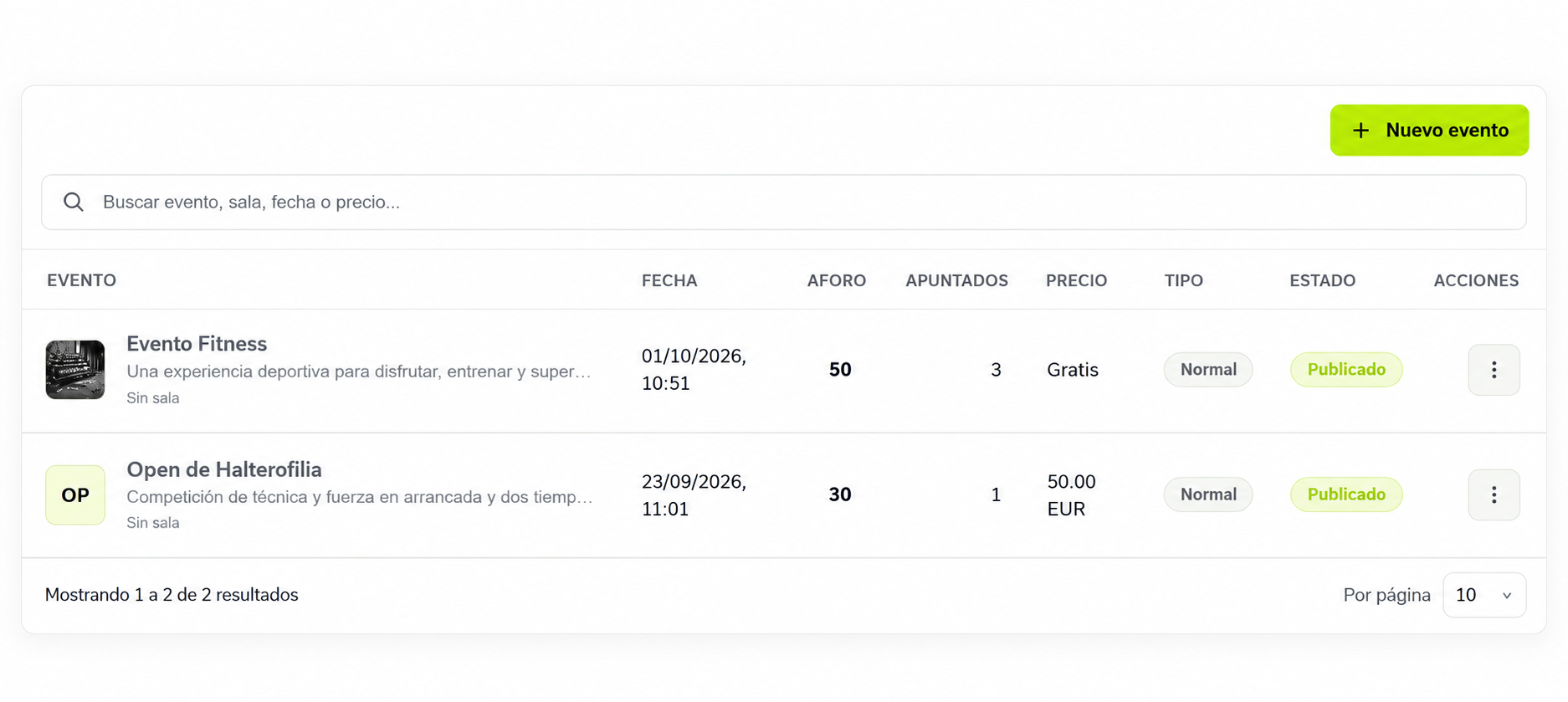 Listado de eventos con buscador, fecha, aforo, precio y estado