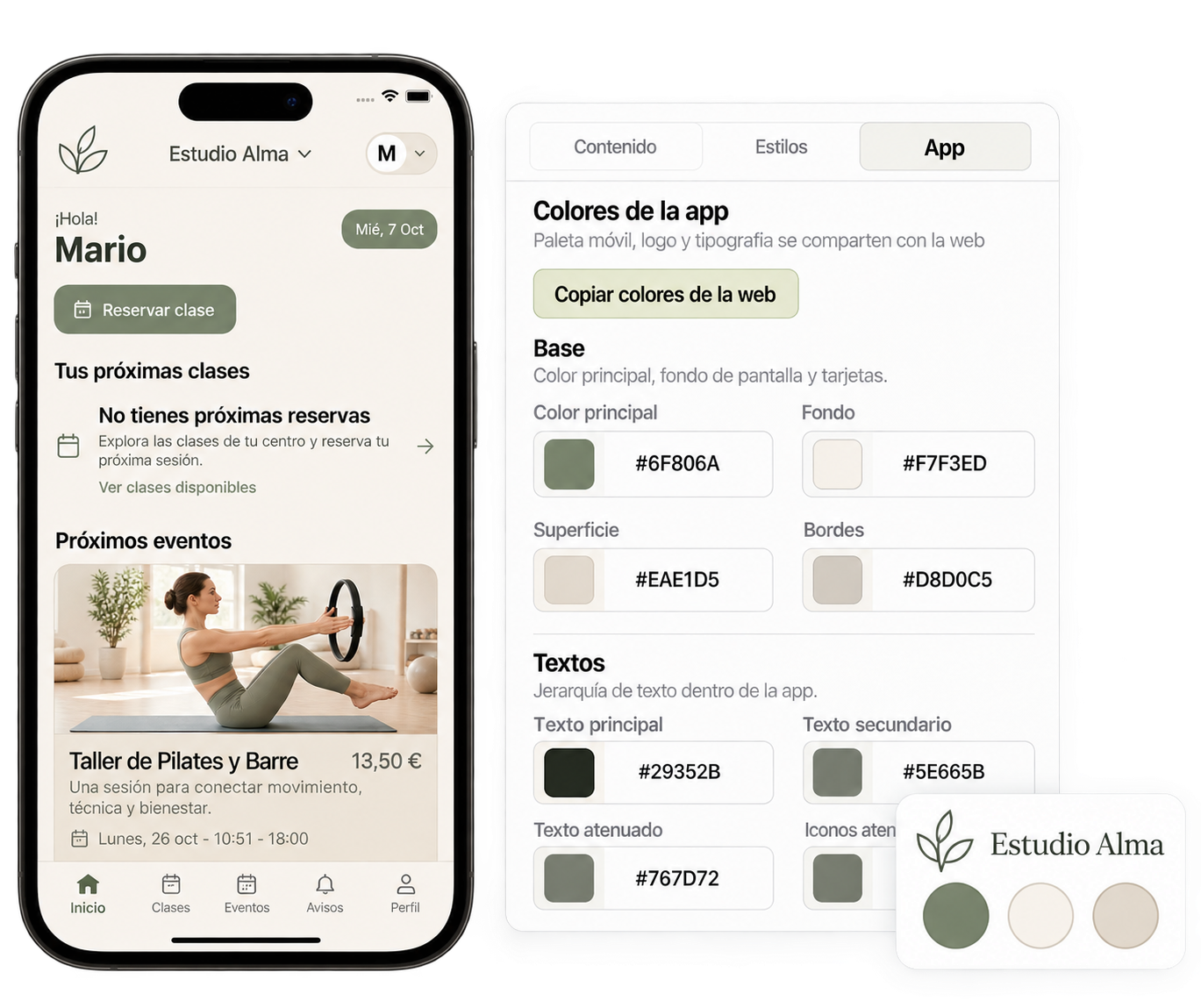 App personalizada de Estudio Alma junto al panel de colores y el logotipo del estudio