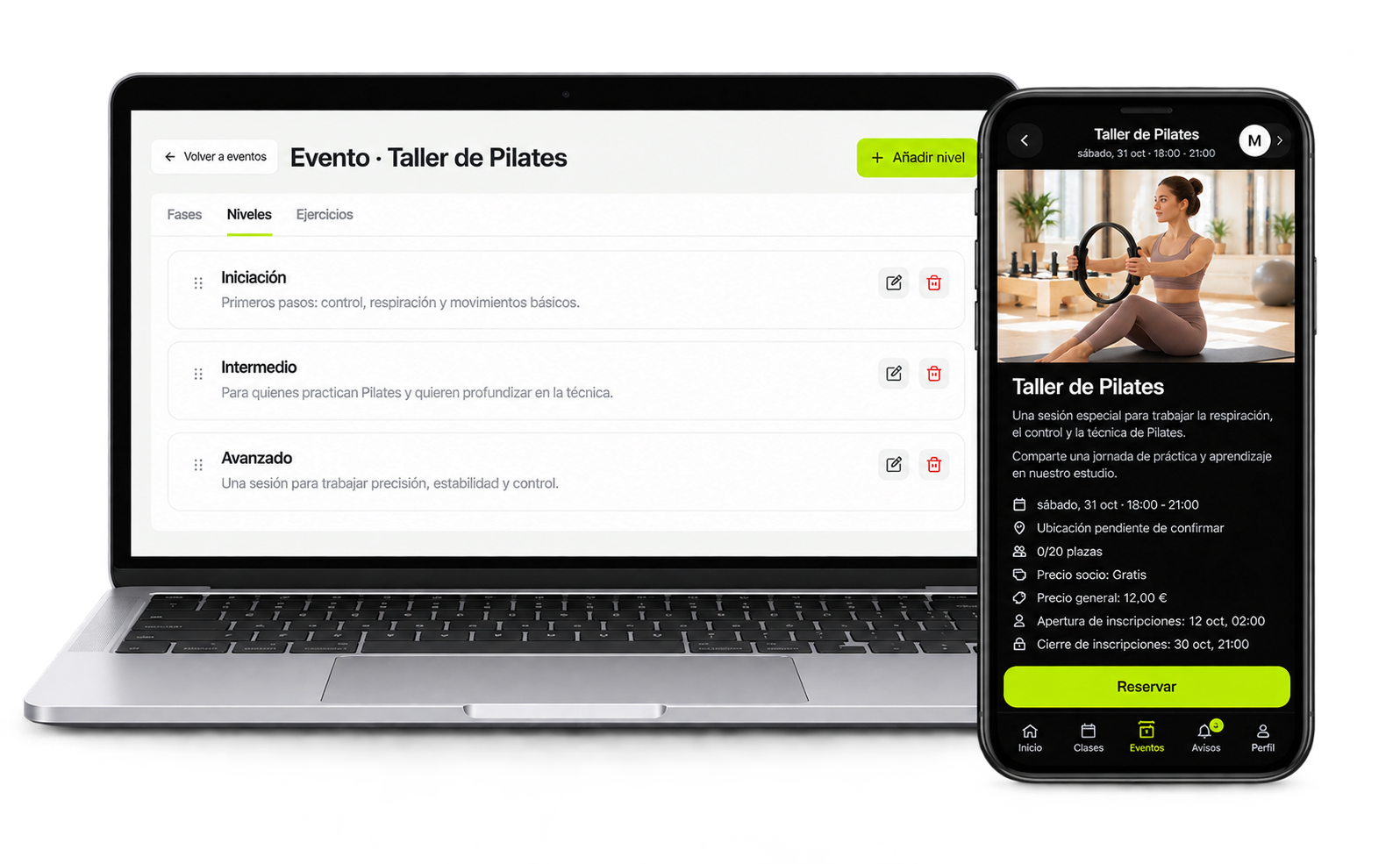 Portátil con la gestión de un taller de Pilates y móvil con la ficha del evento en la app de BeFitness