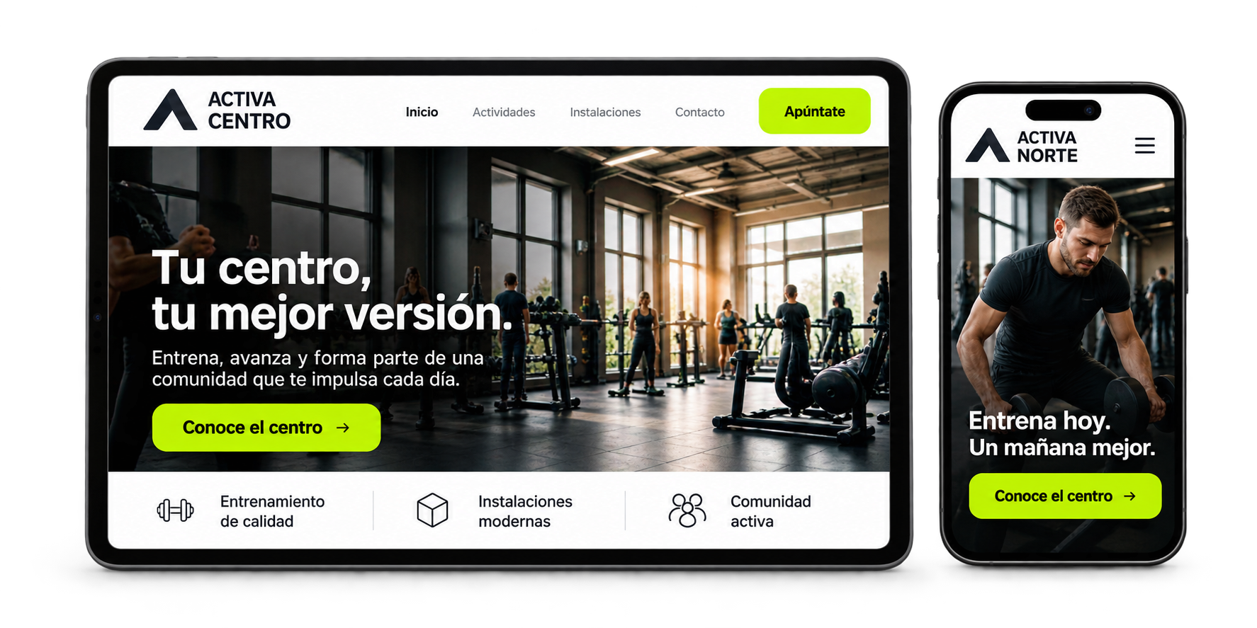 Mockup de la web de compañía Activa Centro y la web de Activa Norte en una tablet y un móvil