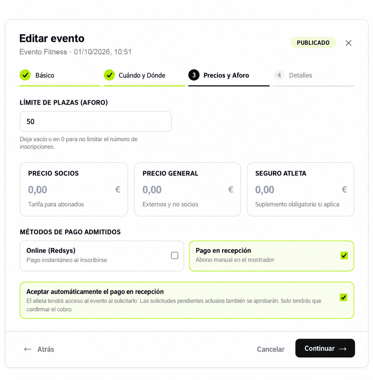 Configuración del aforo, precios para socios y público general y métodos de pago del evento