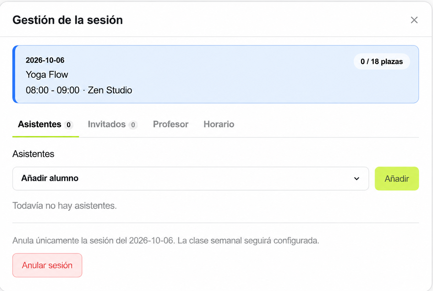 Gestión de una sesión con asistentes, invitados, profesor y horario