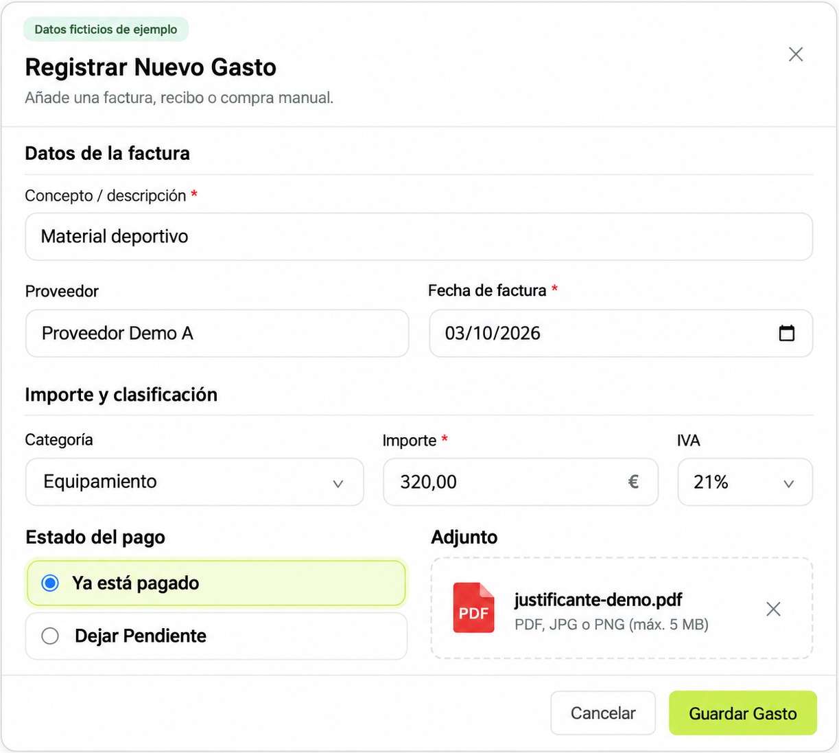 Registro de gasto de ejemplo con proveedor, fecha, importe, estado del pago y justificante adjunto; datos ficticios