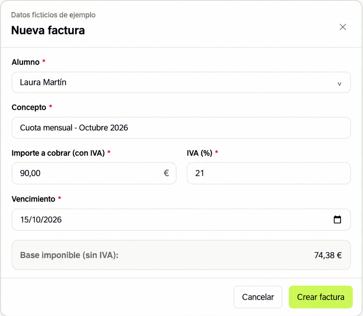 Formulario de nueva factura de ejemplo con cliente, concepto, importe, IVA y vencimiento; datos ficticios