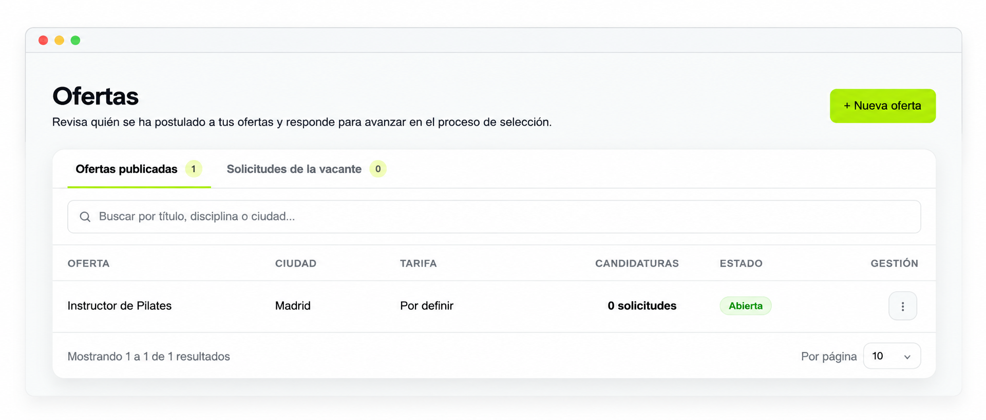 Panel de ofertas para instructores con pestañas Ofertas publicadas y Solicitudes de la vacante