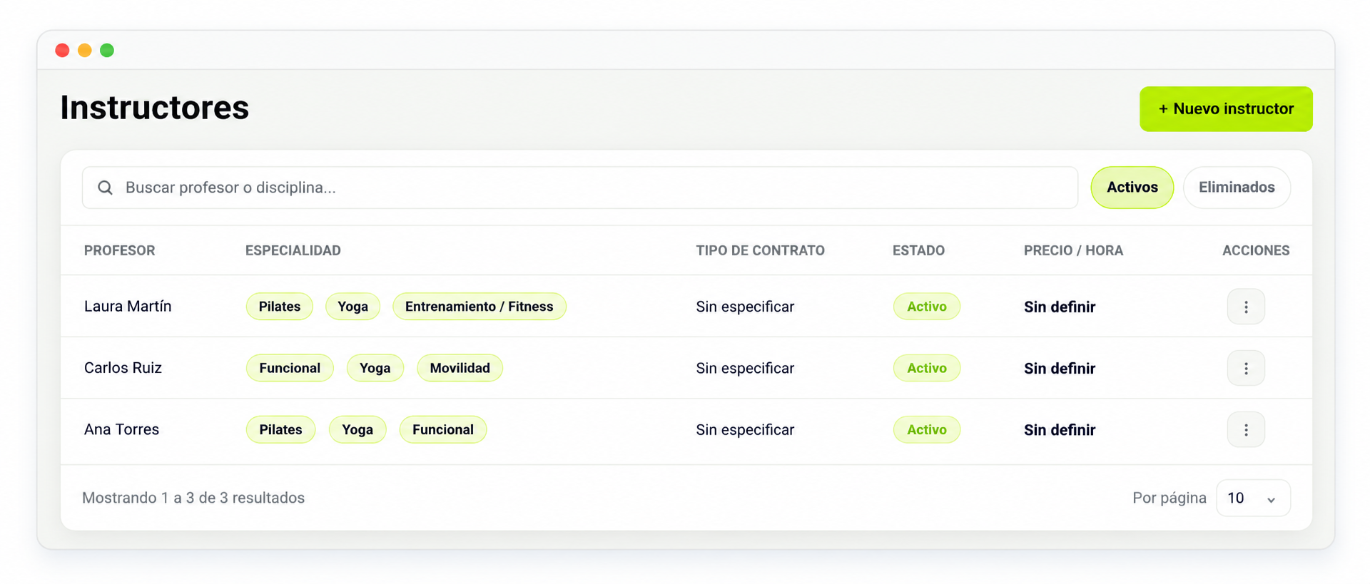 Listado de instructores con buscador y filtros de especialidad, contrato, estado y precio por hora