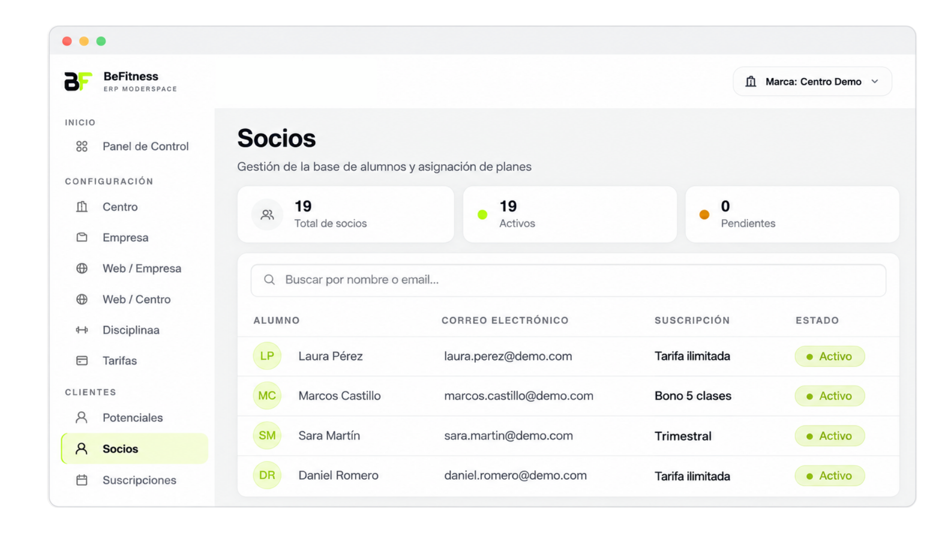Panel de socios con indicadores y tabla de suscripciones