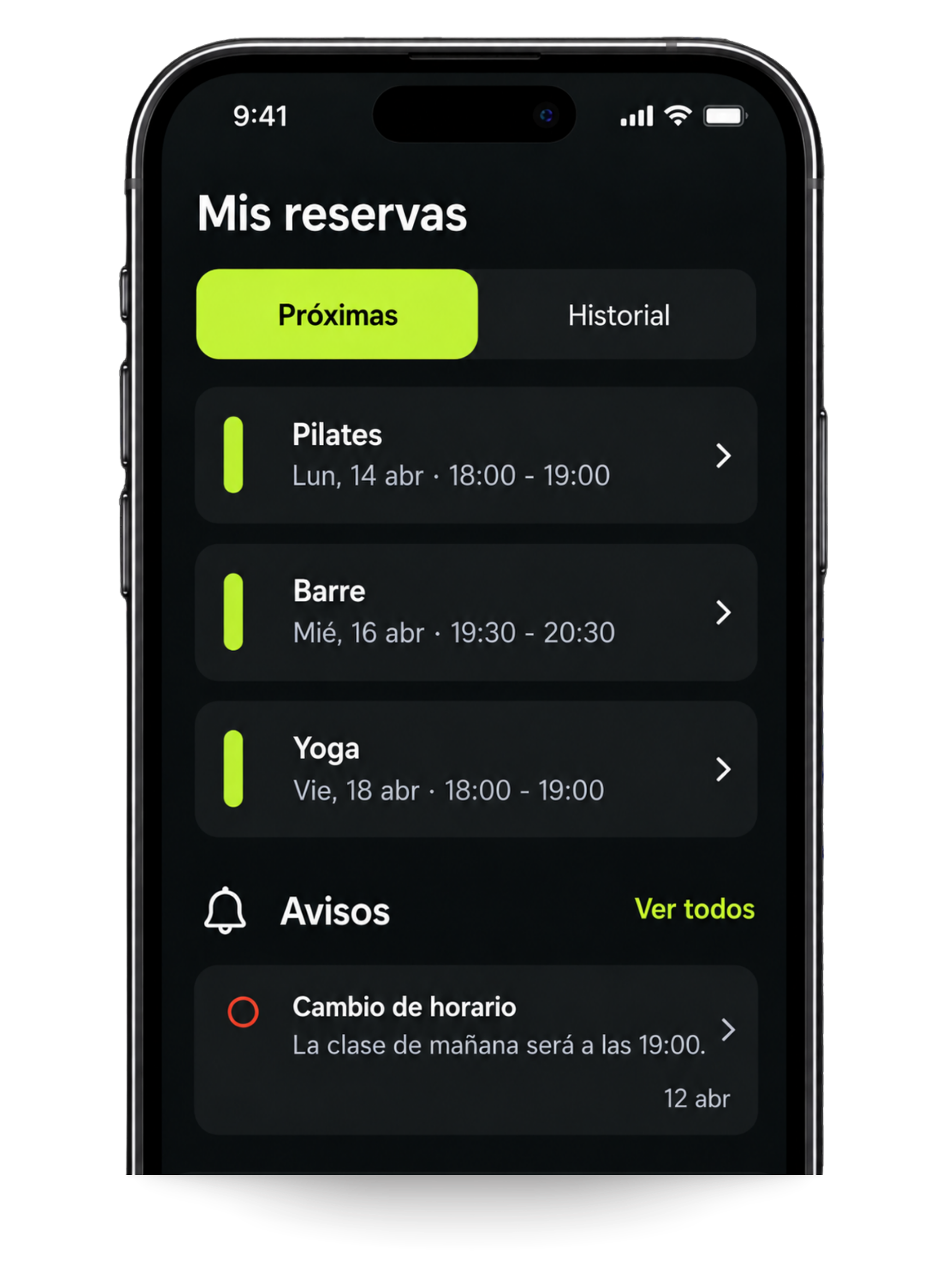 Pantalla de Mis reservas en la app de BeFitness con sesiones de Pilates, Barre y Yoga y un aviso de cambio de horario