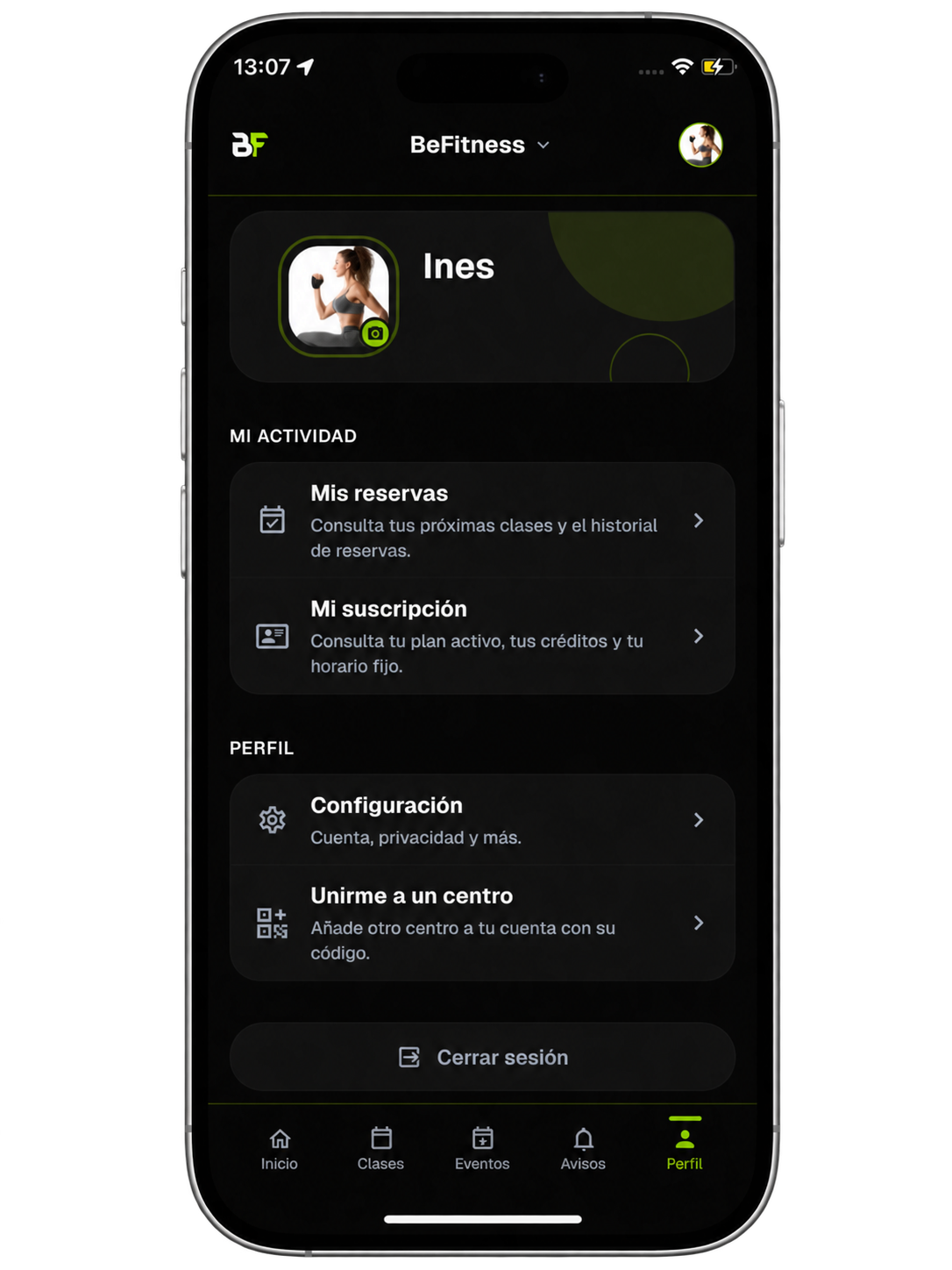 Perfil de Inés en la app BeFitness sin correo electrónico visible