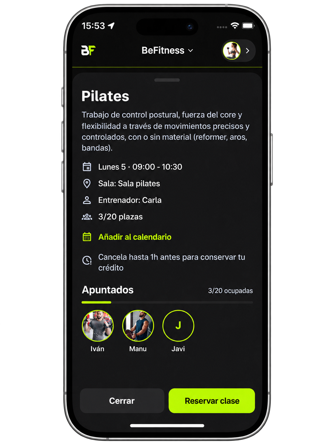 Reserva de una clase de Pilates desde la app de BeFitness