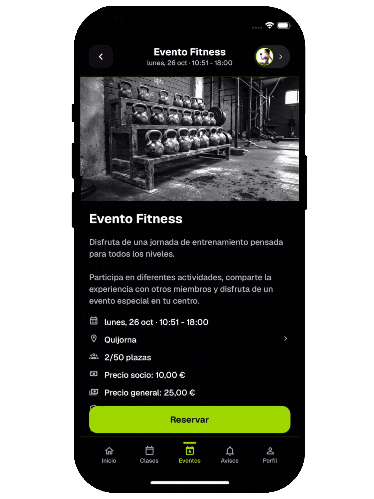 Reserva de Evento Fitness desde la app, con fecha, lugar, precios y botón Reservar
