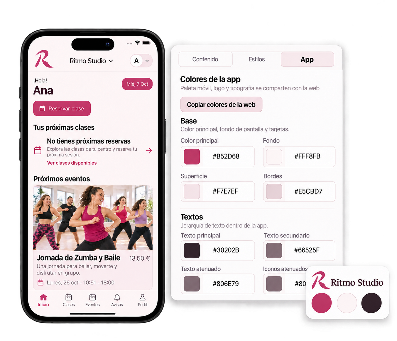 App de Ritmo Studio junto a la configuración de colores y logotipo personalizados