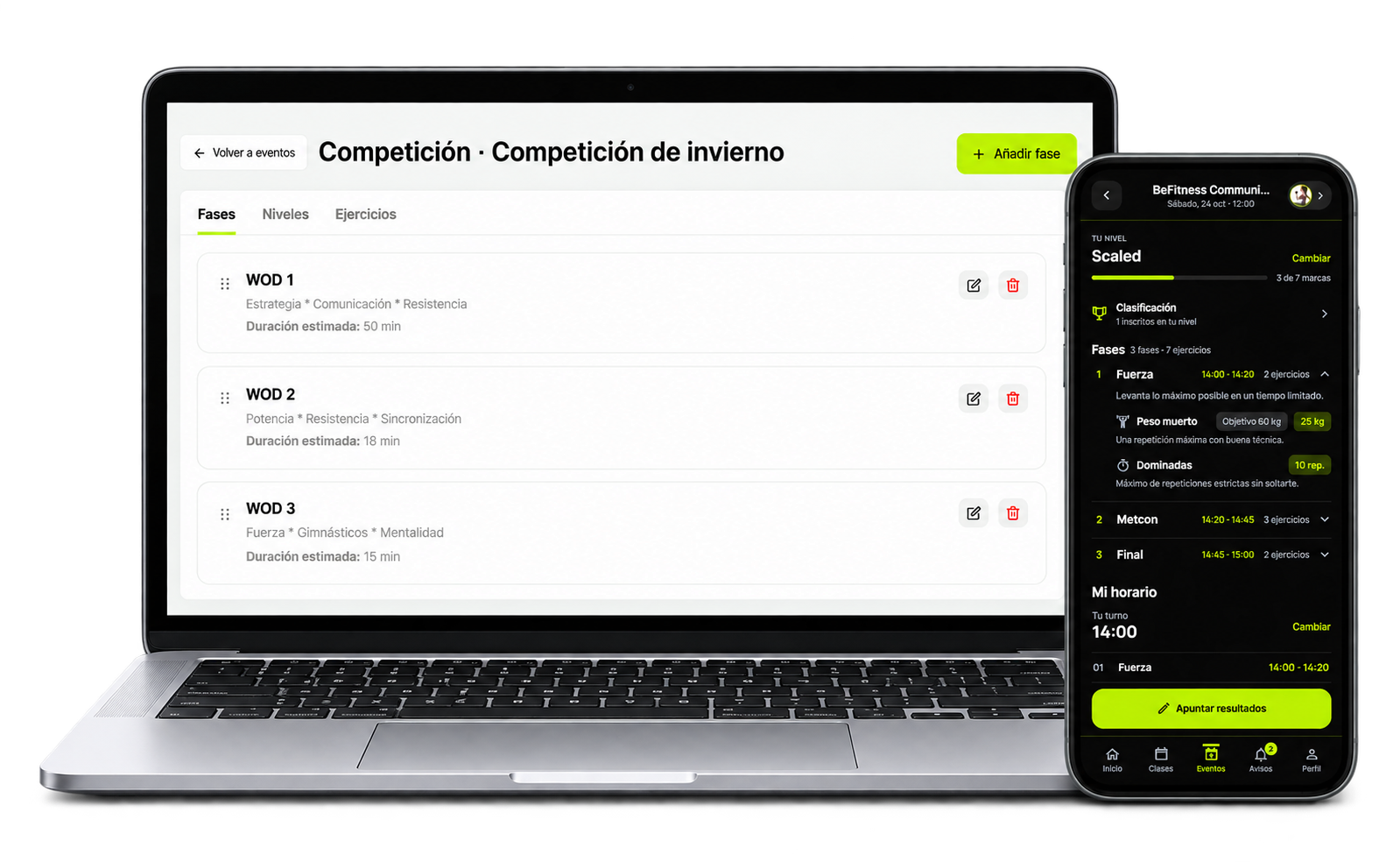 Gestión de las fases de una competición en el ordenador y vista de la competición en la app de BeFitness