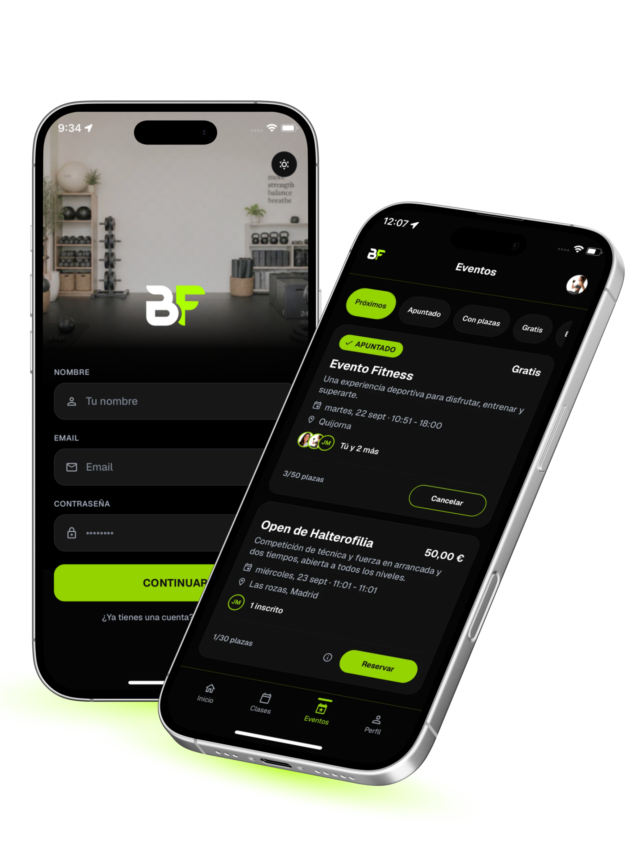 Vista de la app BeFitness en el movil