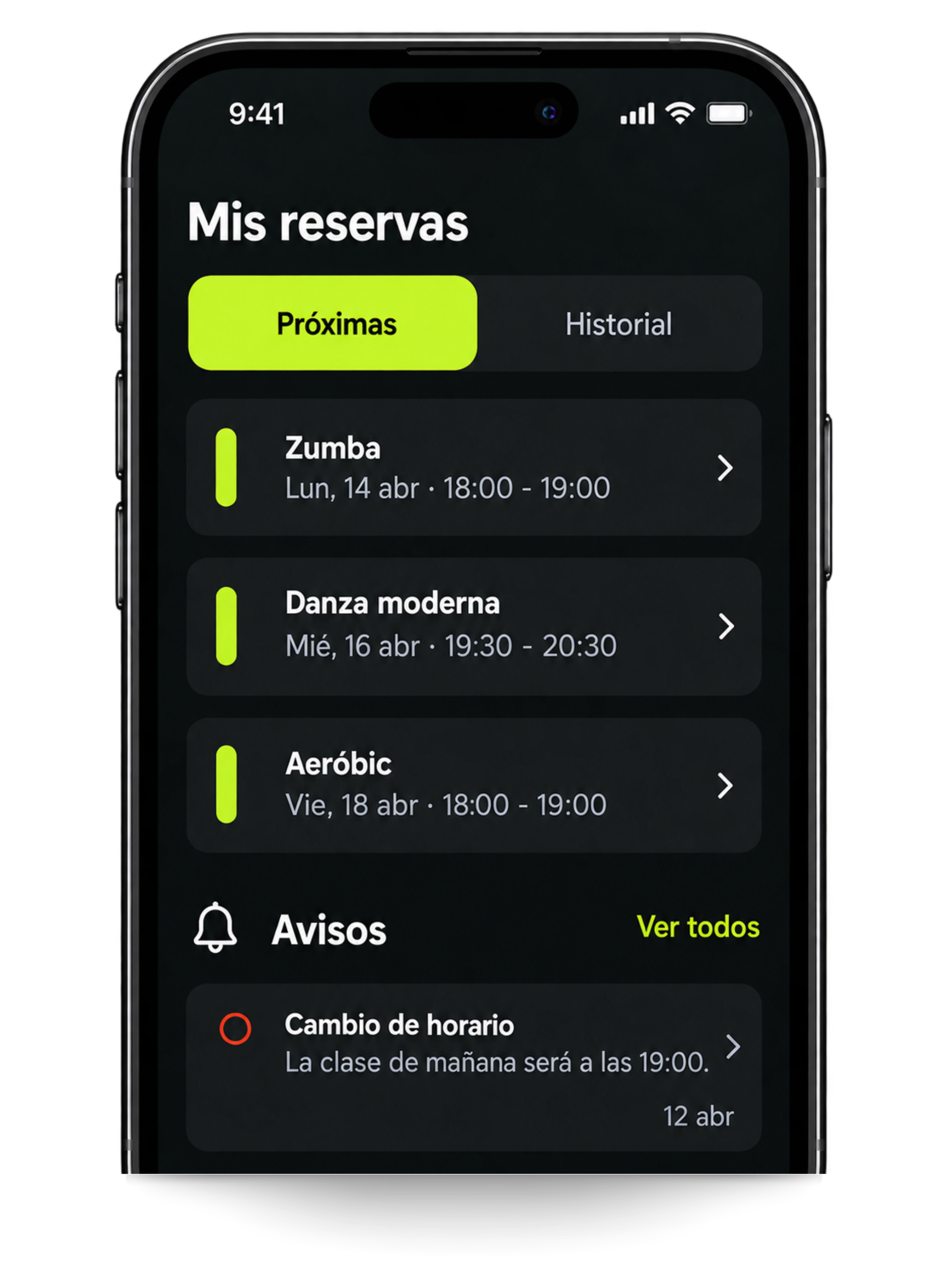 Pantalla de reservas de la app BeFitness con clases de Zumba, danza moderna y aeróbic y un aviso de cambio de horario