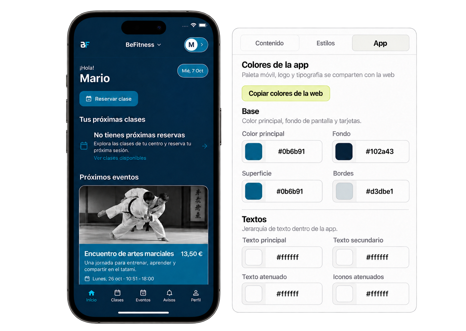 Móvil con la app BeFitness personalizada para un centro de artes marciales y panel para configurar sus colores