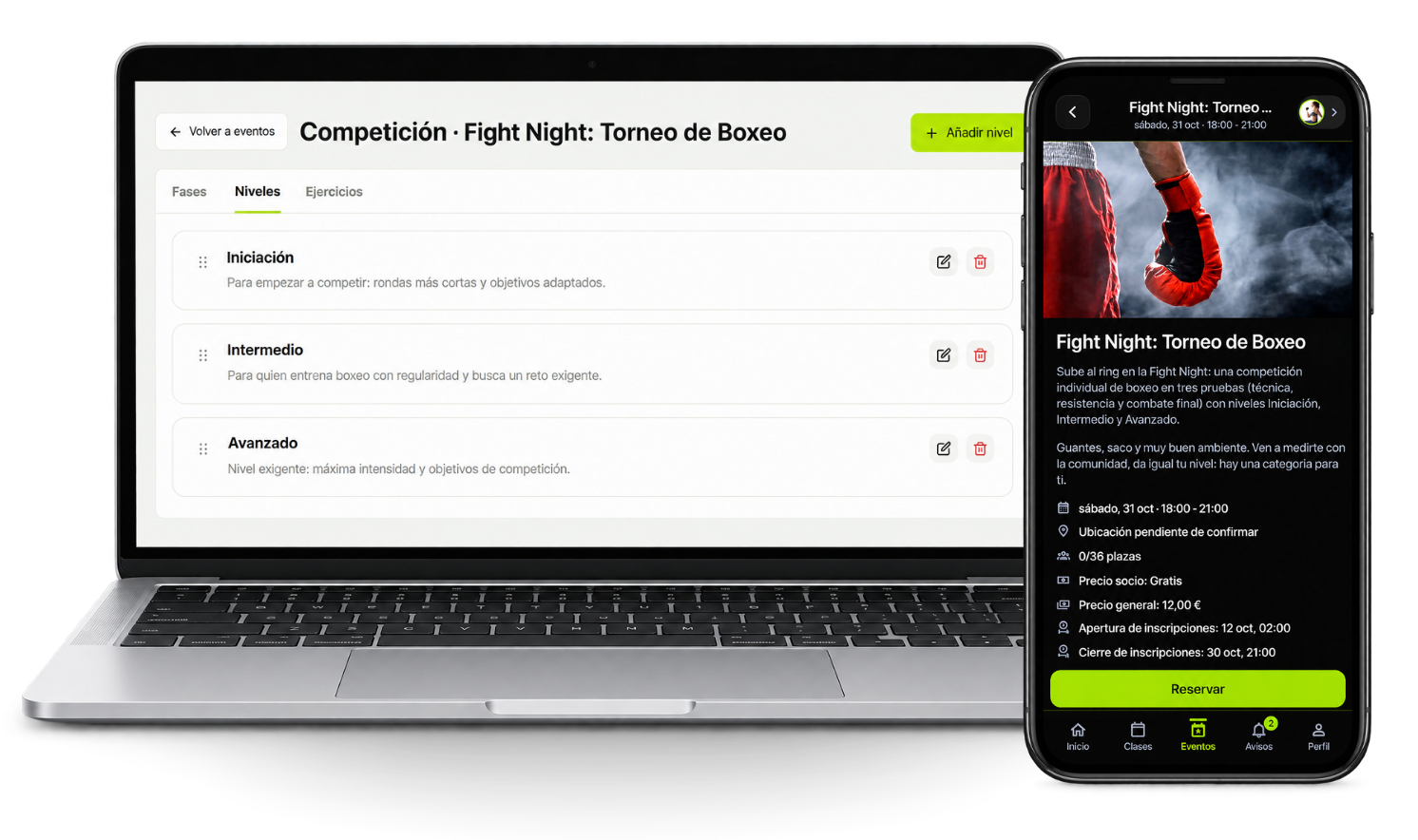 Portátil con los niveles de una competición de boxeo y móvil con la ficha del evento Fight Night en BeFitness